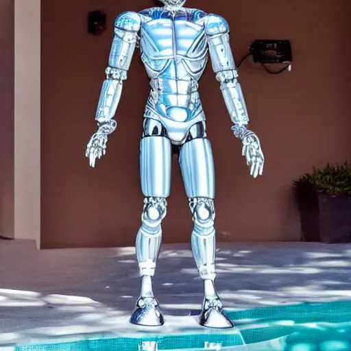 Image similar to twitch streamer / gamer ludwig, ice statue, blank stare, a realistic detailed photo of a guy who is an attractive humanoid who is half robot and half humanoid, by the pool, posing like a statue, showing off his muscles, made of ice, shiny skin, on display, who is a male android, humanoid robot