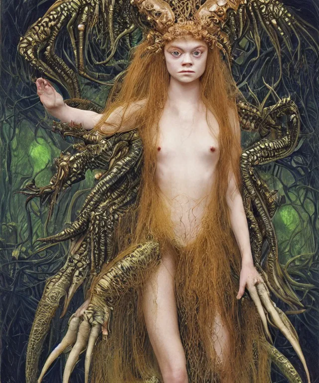 Prompt: a portrait photograph of a fierce sadie sink as an alien harpy queen with slimy amphibian skin. she is trying on evil bulbous slimy membrane parasitic fetish fashion and transforming into a succubus insectoid amphibian. by donato giancola, walton ford, ernst haeckel, brian froud, hr giger. 8 k, cgsociety