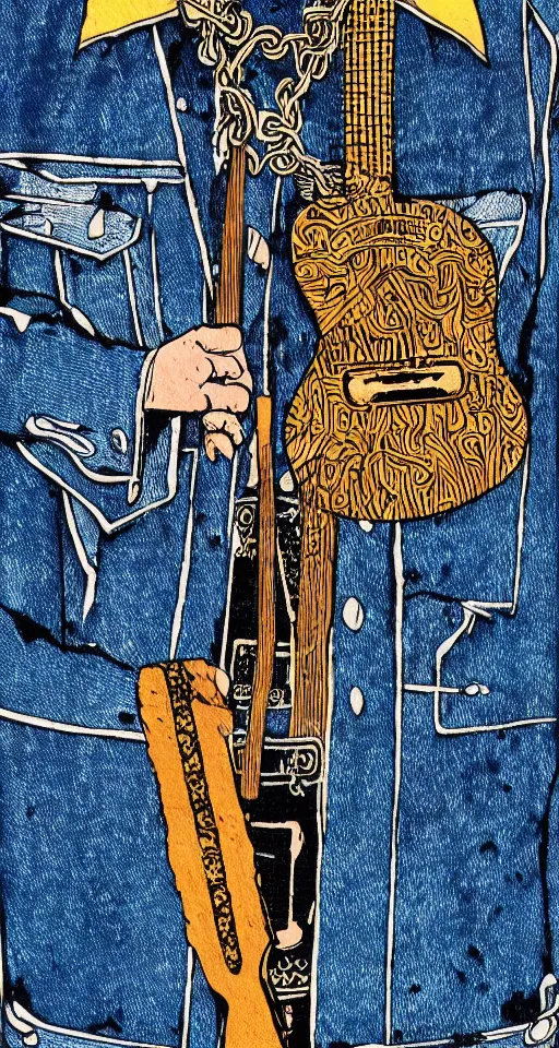 Prompt: woodcut etching of a 1980s heavy metal warrior with a guitar as an axe in a denim jacket with a metal necklace and leather boots, heavy metal