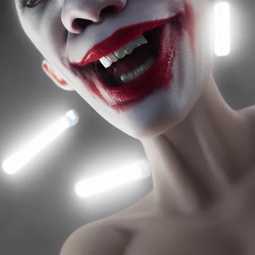 Prompt: full body pose, hyperrealistic photograph of female joker, dim volumetric lighting, 8 k, octane beautifully detailed render, extremely hyper detailed, intricate, epic composition, cinematic lighting, masterpiece, trending on artstation, very very detailed, stunning, hdr, smooth, sharp focus, high resolution, award, winning photo, dslr, 5 0 mm