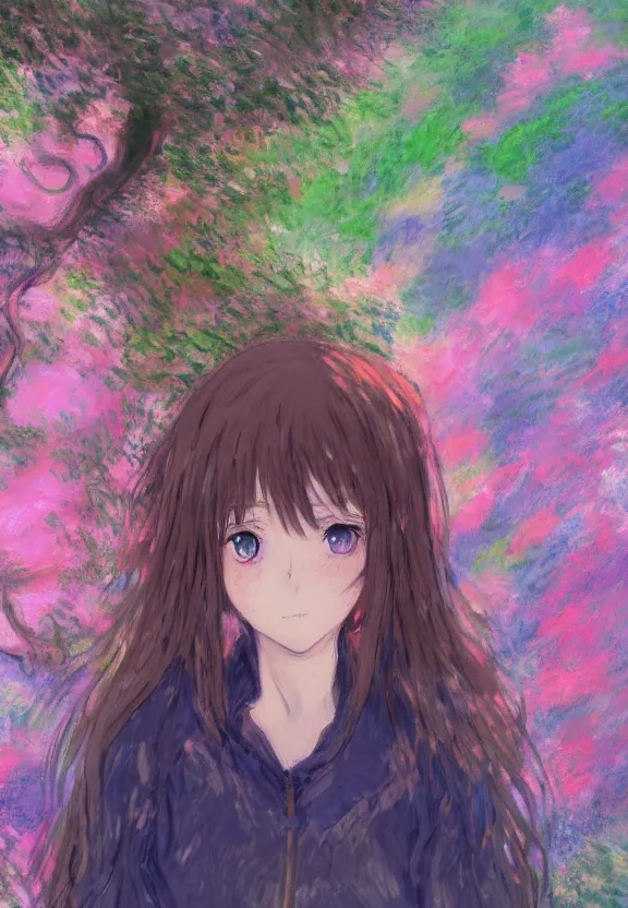 Prompt: wide angle portrait of a teenage girl, a thrifty outfit, somewhat of an anime in impressionist style, fantasy forest background, trending artwork, illustrated in anime painter studio, by claude monet and an anime artist, collaboration