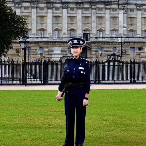 Prompt: a policewoman guarding Buckingham Palace