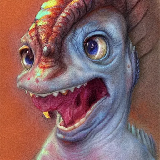 Prompt: happy and cute face of baby dilophosaurus, face only, smile, pencil drawing, pastel, by marc simonetti