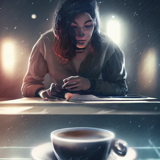 Image similar to Elite programmer expertly wrangling code late at night, intensely focused, coffee, highly detailed, sharp focus, smooth, cinematic lighting, realistic digital art, trending on artstation