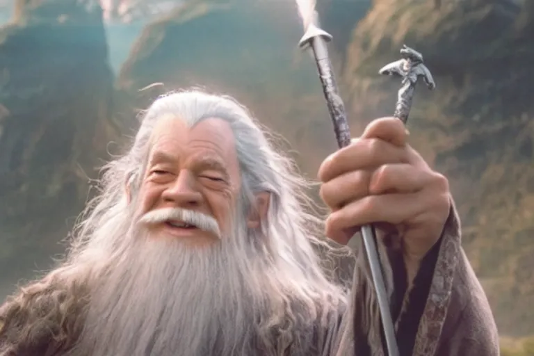 Prompt: portrait of Gandalf dressed as hello kitty, smiling warmly, sunrise, movie still from Lord of the Rings, cinematic