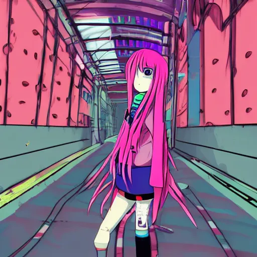 Prompt: anime girl with eccentric clothes, long spiky pink hair, cel - shading, 2 0 0 1 anime, flcl, jet set radio future, golden hour, underground facility, underground tunnel, pipes, rollerbladers, rollerskaters, cel - shaded, jsrf, strong shadows, vivid hues, y 2 k aesthetic