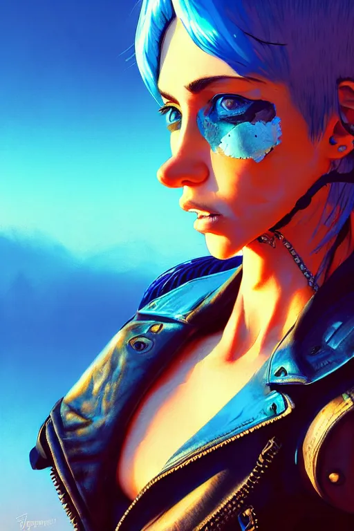 Image similar to a ultradetailed beautiful panting of post apocalyptic woman biker with helmet. blue hair. opened leather jacket, pretty face, high detailed face, in front of burning desert, anatomically correct, close up, by ilya kuvshinov, greg rutkowski and makoto shinkai, trending on artstation