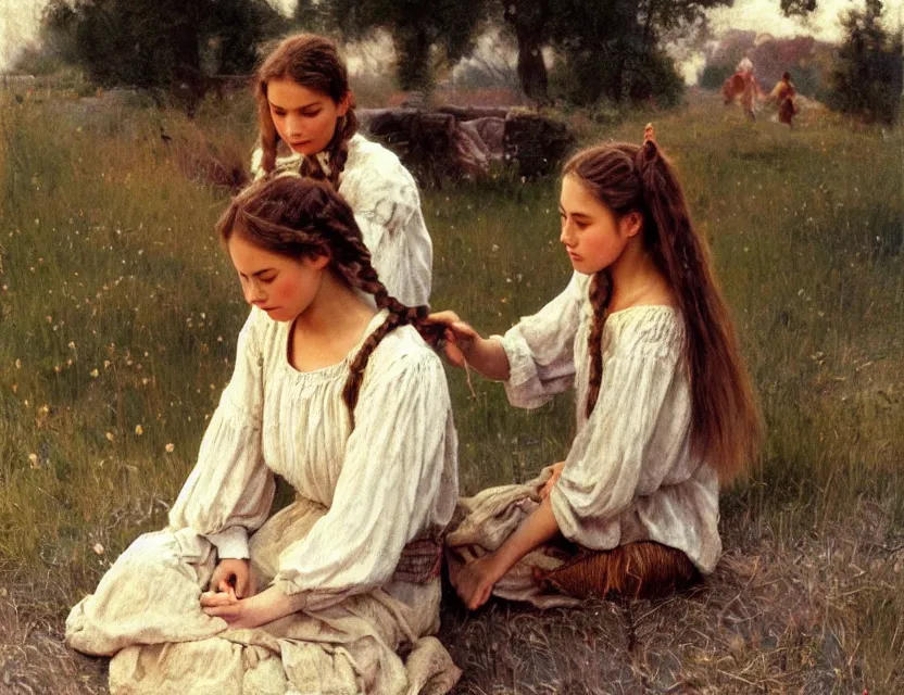 Prompt: peasant girl braiding hair to another girl, Cottage core, Cinematic focus, Polaroid photo, vintage, neutral colors, soft lights, foggy, by Steve Hanks, by Serov Valentin, by lisa yuskavage, by Andrei Tarkovsky, by Terrence Malick, 8k render, detailed, oil on canvas