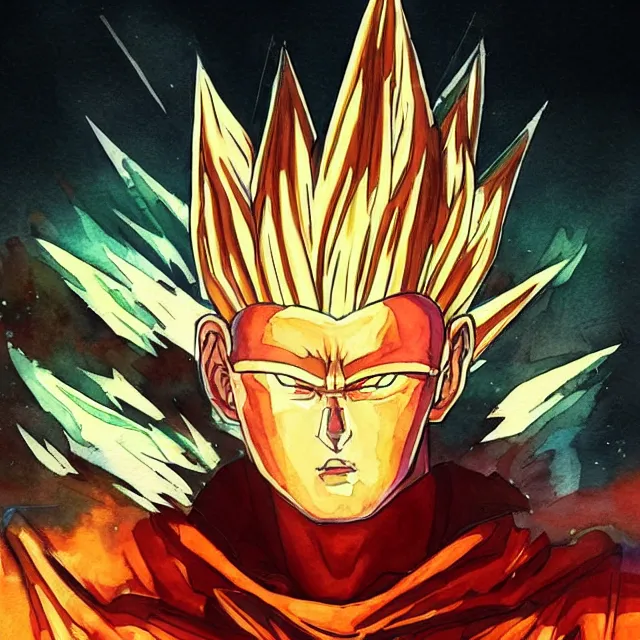 Prompt: a watercolor painting of a cyborg super saiyan with a broken halo floating over their head in the style of cyberpunk in the style of moebius trending on artstation deviantart pinterest hyper detailed photorealistic highlights and shadow hd 8 k post - processing high resolution