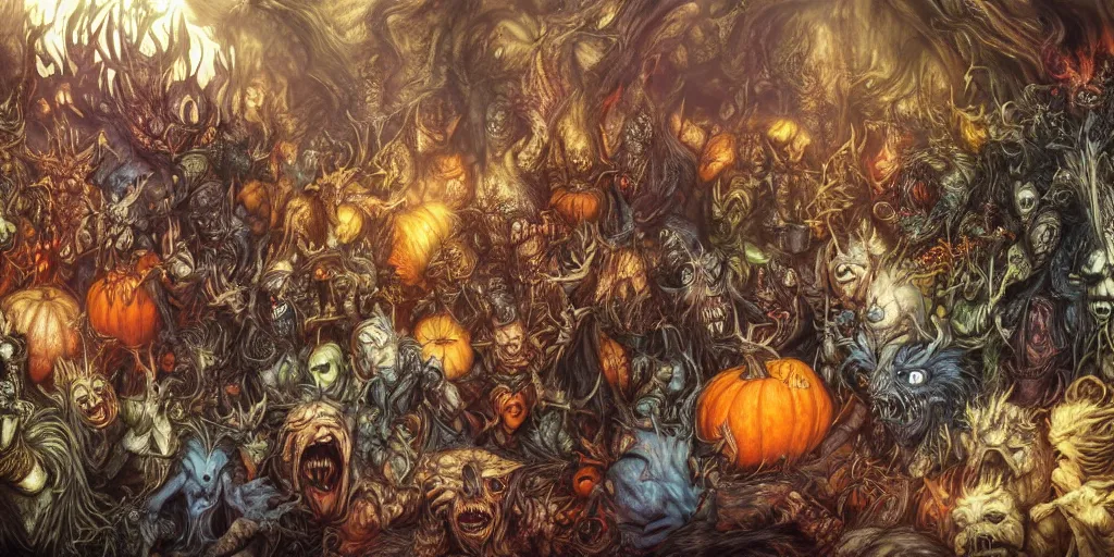 Image similar to ultra-wide view of the most awesome monster party by brian froud and arthur rackham, devils, demons, multiverse, ghosts, witches, pumpkins, dripping, hyper-realistic, bright and colorful, octane render, 8k, extremely detailed, iridescent, photorealistic, horror, gritty, zbrush art, extreme details, cinematic