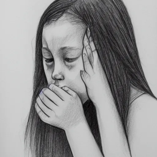 Image similar to a girl holding the bathroom sink while facing the mirror and crying, pencil sketch