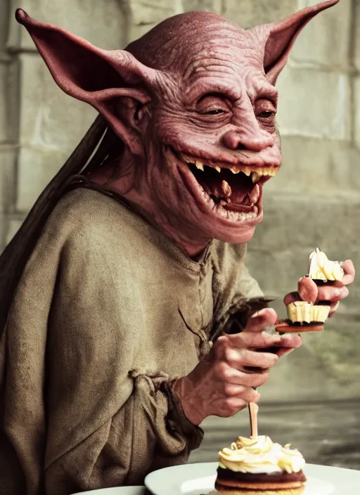 Image similar to closeup portrait of a medieval goblin eating cakes in the cloisters, depth of field, zeiss lens, detailed, symmetrical, centered, fashion photoshoot, by Annie Leibovitz and Steve McCurry, David Lazar, Jimmy Nelsson, Breathtaking, 8k resolution, extremely detailed, beautiful, establishing shot, artistic, hyperrealistic, beautiful face, octane render