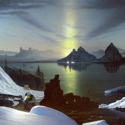 Image similar to ominous emerald crystal emerging from ice, at night, by frederic church, by kent monkman, by caspar david friedrich, king's quest, sierra games