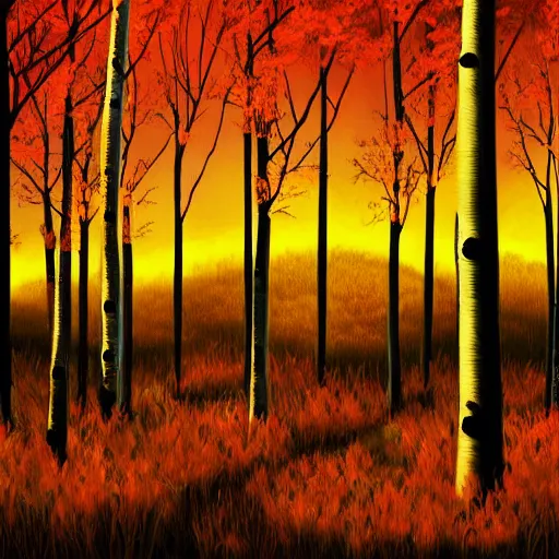 Prompt: beautiful painting of an Aspen forest at sunset, digital art, award winning illustration, golden hour, smooth, sharp lines, concept art, trending on artstation