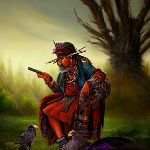 Image similar to n elderly indian don juan is sitting in a field with peyote and smoking a pipe, a raven walks next to him, beautiful fantasy detailed trending on artstation, oil painting, dramatic lighting, eterea, high quality print, fine art with subtle redshift rendering