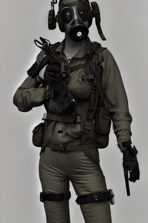 Image similar to british sas female operative with the standard s 1 0 gas mask and the black uniform, 8 0 s, artstation, trending on artstation, establishing shot