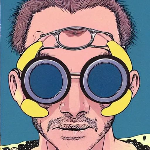 Image similar to a eccentric goth guy wearing goggles and eclectic jewelry, small details, aesthetic!!!, by harumi hironaka, by moebius, by geof darrow, by jamie hewlett,