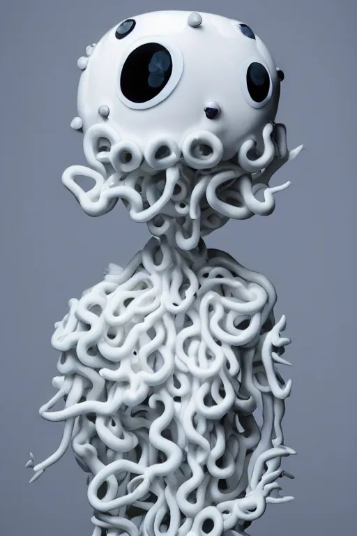 Image similar to full head and shoulders, beautiful porcelain female person, mixed with giant frog spawn eyes, smooth, delicate facial features, white detailed eyes, white lashes, 3 d white shiny thick, larg tentacles and eyeballs by daniel arsham and james jean, featured in pictoplasma