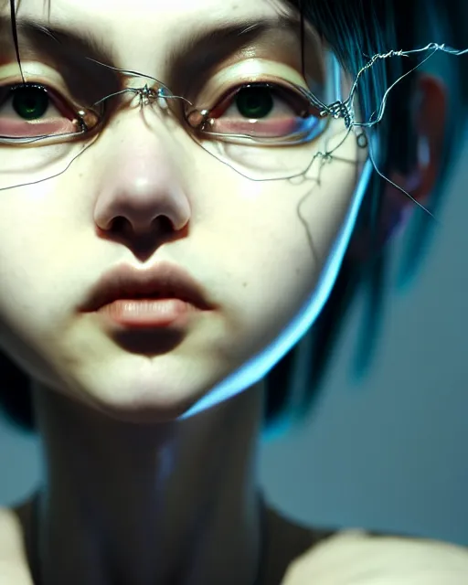 Image similar to really cool complex closeup portrait of a beautiful psychotic nerd girl covered in metal wire, by katsuhiro otomo, yoshitaka amano, nico tanigawa, artgerm, greg rutkowski makoto shinkai takashi takeuchi rendered with intense 3 d effect, smooth soft shadowing, cinematic lighting, hyperrealistic unreal engine 5 render uhd 8 k