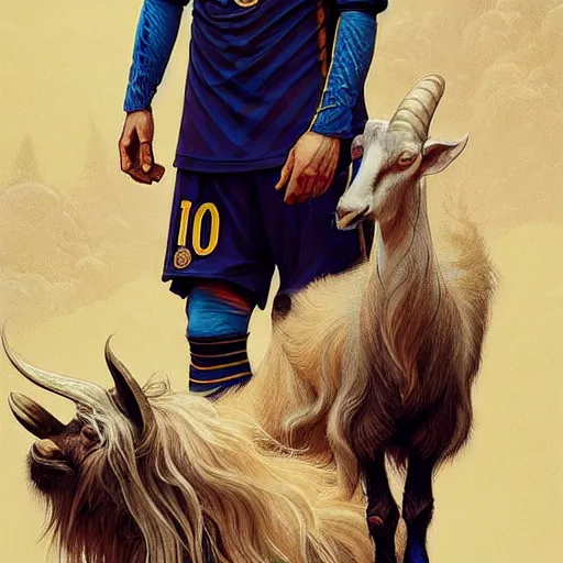 Image similar to Lionel Messi standing beside a majestic goat, D&D, fantasy, intricate, elegant, highly detailed, digital painting, artstation, concept art, matte, sharp focus, illustration, art by Artgerm and Greg Rutkowski and Alphonse Mucha