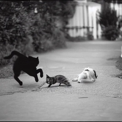 Prompt: a photo of a cat chasing a terrified dog, disposable film