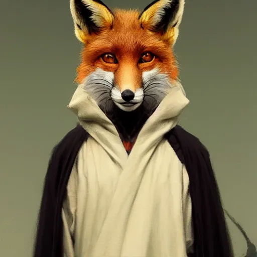 Image similar to A portrait of an anthropomorphic fox in a black robe by Greg Rutkowski, artstation, 8k, Norman Rockwell