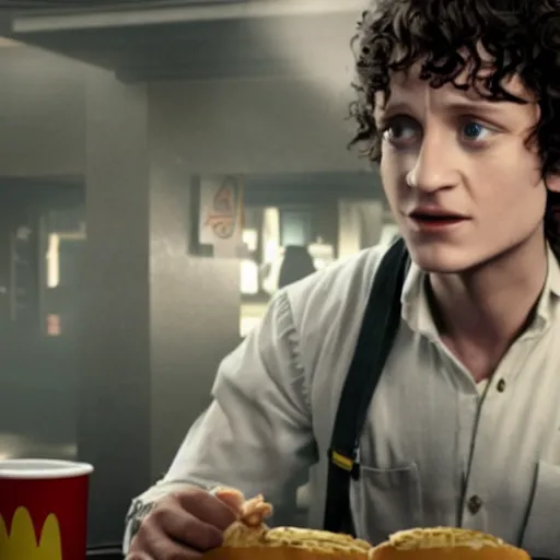 Prompt: film still of frodo working at mcdonalds in the new batman movie, high detail shot, smoking, render, cgsociety, photorealism