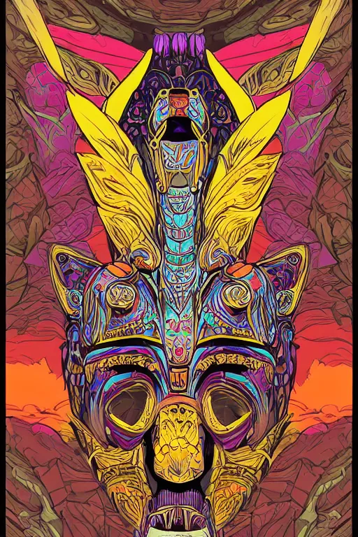 Image similar to animal mask totem roots flower tribal feather gemstone plant wood rock shaman vodoo video game vector cutout illustration vivid multicolor borderlands comics by josan gonzales and dan mumford radiating a glowing aura