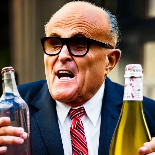 Image similar to news still of a drunk rudy giuliani holding a bottle, 4 k, professional