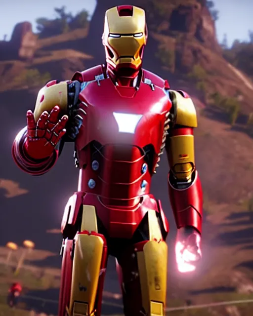 Image similar to robust bulky and sleek iron man suit in red dead redemption 2, cinematic, photorealistic