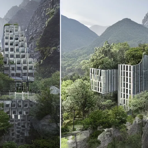 Image similar to a building in a stunning landscape by som