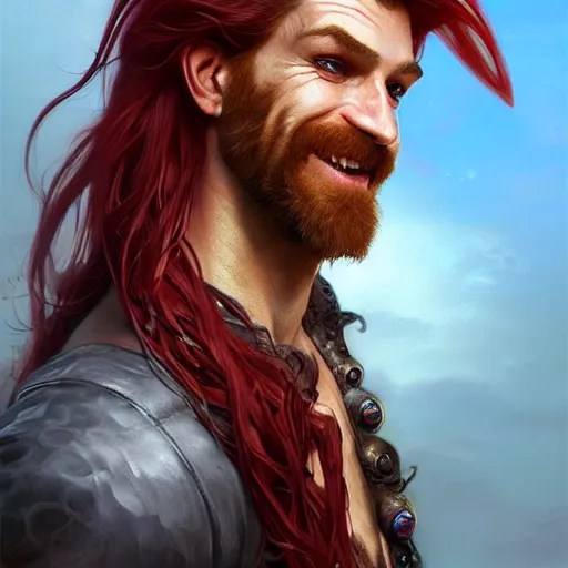 Image similar to portrait of a young ruggedly handsome but joyful pirate, male, masculine, upper body, red crimson hair, long long long flowing hair, fantasy, proud smirk, intricate, elegant, highly detailed, digital painting, artstation, concept art, matte, sharp focus, illustration, art by artgerm and greg rutkowski and alphonse mucha