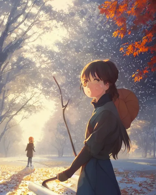 Image similar to a girl raking leaves on a cold autumn's day, full shot, atmospheric lighting, detailed face, by makoto shinkai, stanley artgerm lau, wlop, rossdraws