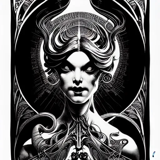 Image similar to medium portrait dark light, by bernie wrightson and killian eng and joe fenton, inspired by art nouveau science fiction, etching, fine, sharp high detail,