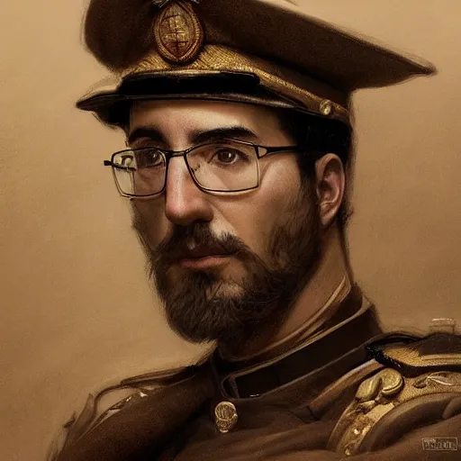 Image similar to portrait of stoic looking john oliver, military uniform, fantasy, intricate, elegant, highly detailed, centered, dark, smokey, charcoal painting, digital painting, artstation, concept art, smooth, sharp focus, illustration, art by artgerm and greg rutkowski and alphonse mucha