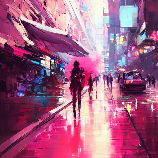 Image similar to acrylic painting, impressionism and expressionism, bold colors, expressive brushstrokes. a city street with pink flowers, cyberpunk art by wadim kashin, cgsociety, panfuturism, cityscape, dystopian art, anime aesthetic