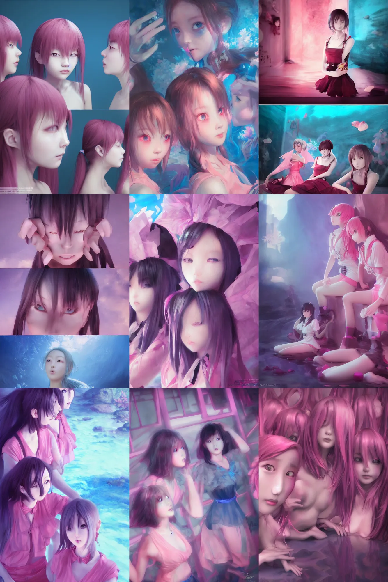 Image similar to 3d dark infrared octane render concept art by D. Jun, by Mo Xiang Tong Xiu, by Igarashi Daisuke, beauty portrait anime schoolgirls under dark pink and blue water. cute face. complex mirror room. dramatic light, trending on artstation.