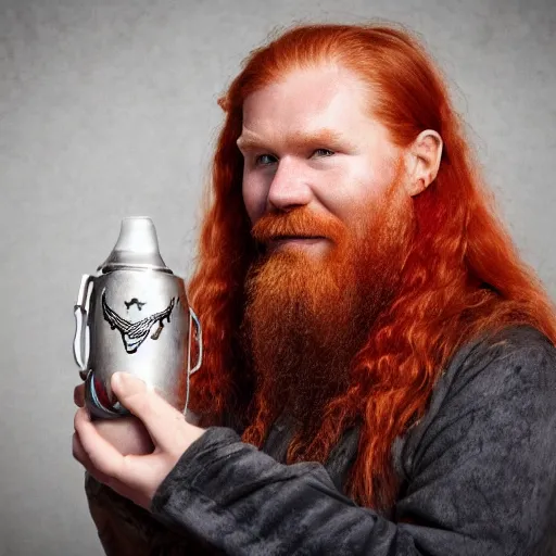 Image similar to a red - haired viking drinking mate