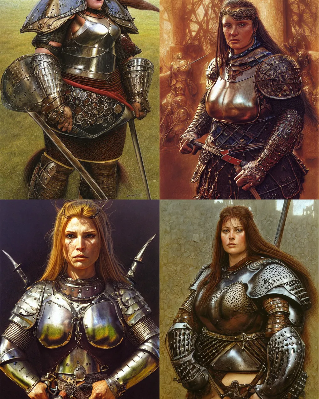 Prompt: portrait, big robust female medieval warrior wearing heavy dark iron breastplate, scottish style, ultrarealistic, hyperdetailed, smooth, reflections, soft lighting, sharp focus, intricate, by donato giancola, brian froud, jeff easley