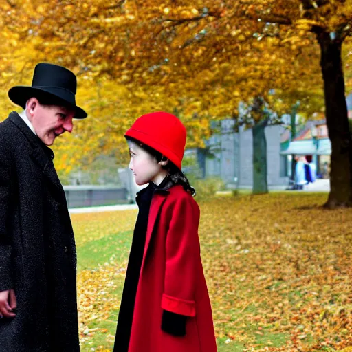 Prompt: a thin man in a black coat and bowler hat talks with small young girl who is dressed in a red coat and a red hat, park, autumn, 1923, wide angle, high detail, in style of Claude Monet, 8k, width 768