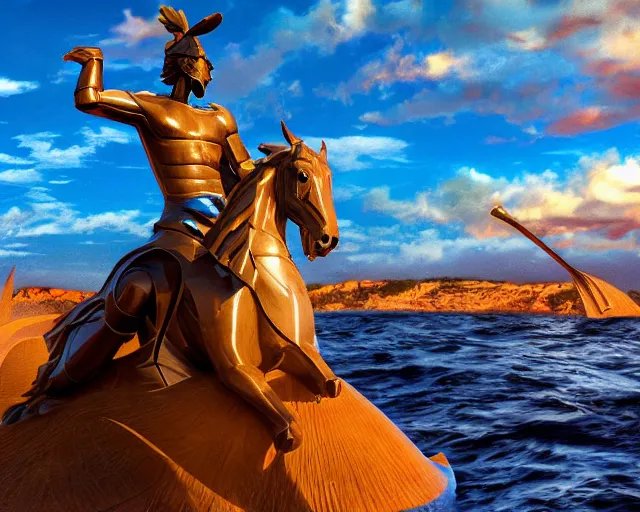 Image similar to a giant abstract sculpture of a great warrior on a horse on the ocean water, in the style of chad knight, award winning, cinematic, hyper - realistic, very detailed, realistic water splashes, ray tracing, 8 k resolution, long - shot, sharp focus, low angle, 8 5 mm photograph, wide lens