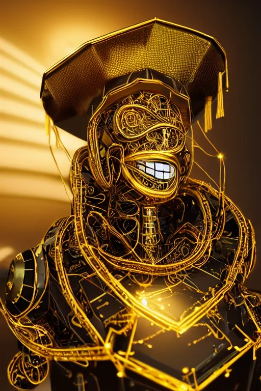 Prompt: a portrait of a graduating extremely detailed beautiful robot lots of complex gold wires and connections and wearing a highly detailed black graduation hat, realism. concept art. unreal engine 5, f / 1. 8, v - ray, ultra hd, 8 k, graduation photo, atmospheric beautiful background and beautiful lighting