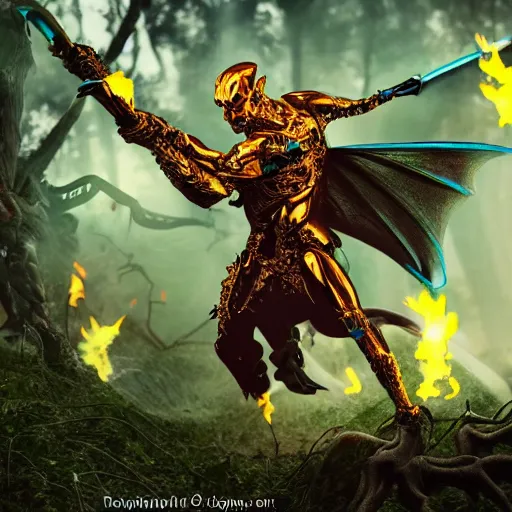 Image similar to half-cyborg human hero warrior with a flaming sword fighting off a winged draconoid demon in a magical forest, in an elven urban area. Fantasy style, photorealistic, 55mm lens