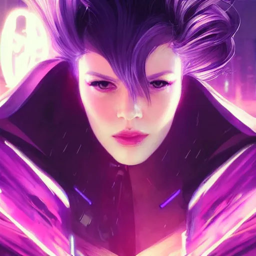 Image similar to cinematic side portrait woman, cyberpunk outfit large cloak, landscape, neon light in the hair, supervillain, undercut hairstyle, dark light night, intricate, elegant, sharp focus, illustration, highly detailed, digital painting, concept art, matte, art by wlop and artgerm and greg rutkowski and alphonse mucha, masterpiece