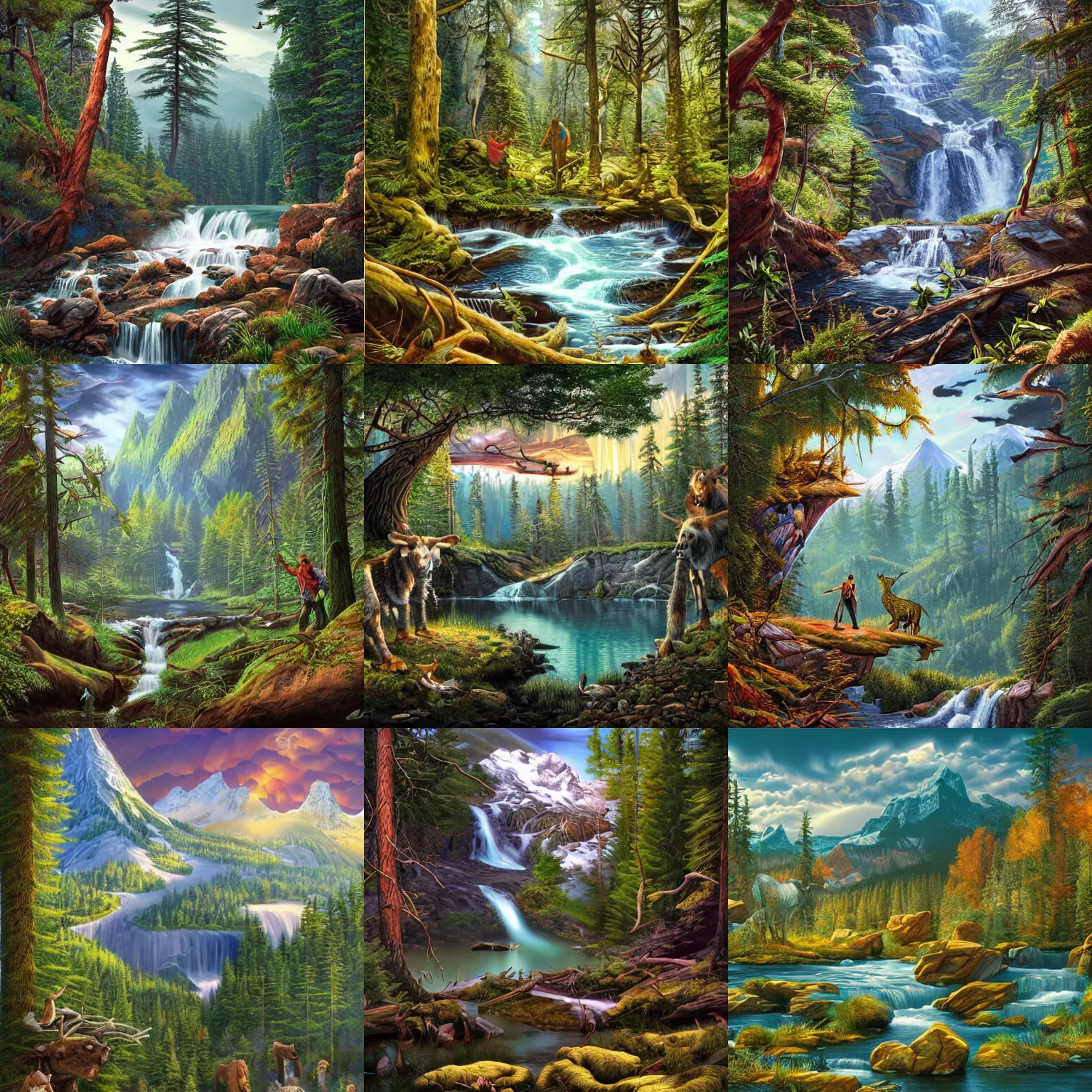 Prompt: Pristine untouched wilderness by Joe Jusko, rendered in hyperdetailed Ultra HD, trending on ArtStation, luminous