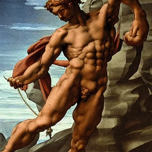 Image similar to human figure, courage, against all odds, unlikely hero, no fear, hero's journey, strength, valor, high detail painting by michelangelo, man climbing obstacles,