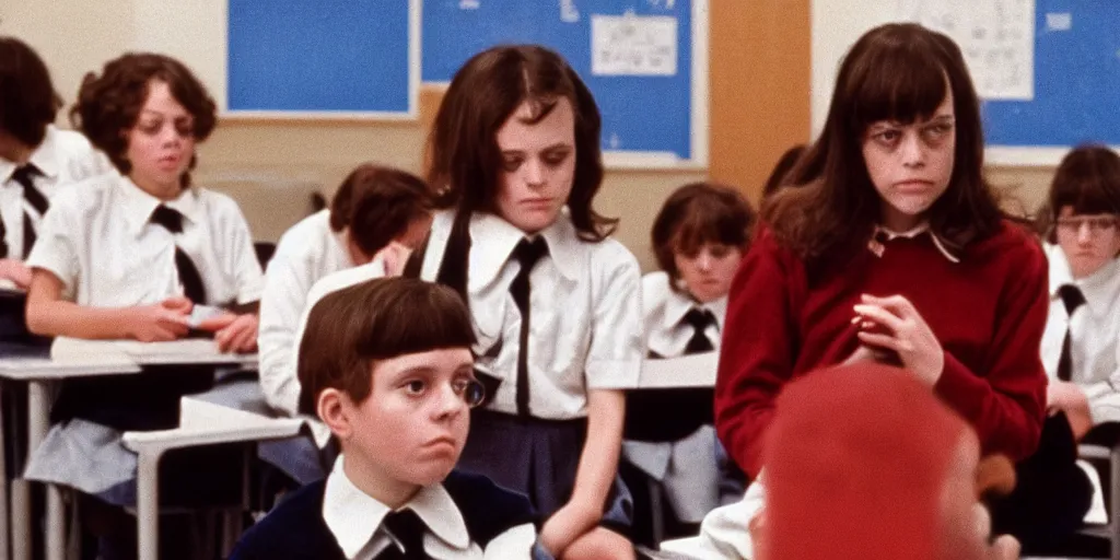 Prompt: screenshot of Olivia Coleman as a substitute teacher at a private school, 1970s psychological thriller by Stanely Kubrick film, color, anamorphic lenses,