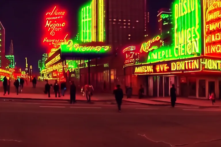 Prompt: desolate iridescent american city with neon signs & homeless people in caravaggio style hd 8k