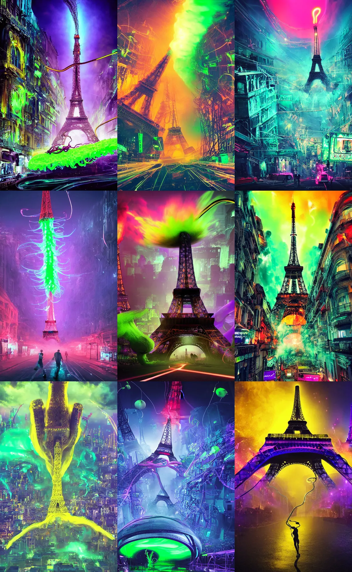 Prompt: giant larva with tentacles attacks and destroys and blows up the eiffel tower in glowing colorful luminous slime, dark foggy streets with white neon signs, running and screaming people, futuristic, dramatic, ultra - realistic, landscape, perspective, hight detailed, no blur, 8 k