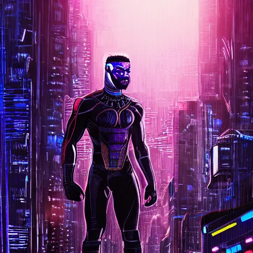 Image similar to high detailed kilmonger from black panther in a cyberpunk rainy city at night by eliran kantor, michael b jordan, hand drawn, illustration, purple and blue neons, unreal engine, high quality, 4 k, uhd, trending on artstation, wires, blade runner vibes, ghost in the shell, akira, dorohedoro